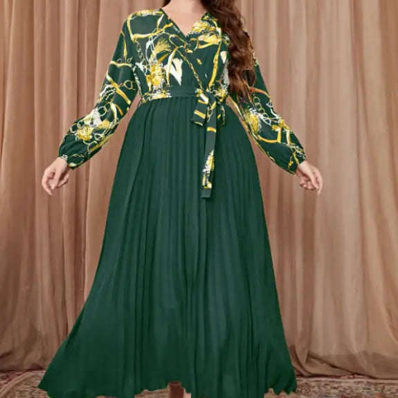 Green and patterned long-sleeved Beautiful Evening Dress in A-Line Maxi style