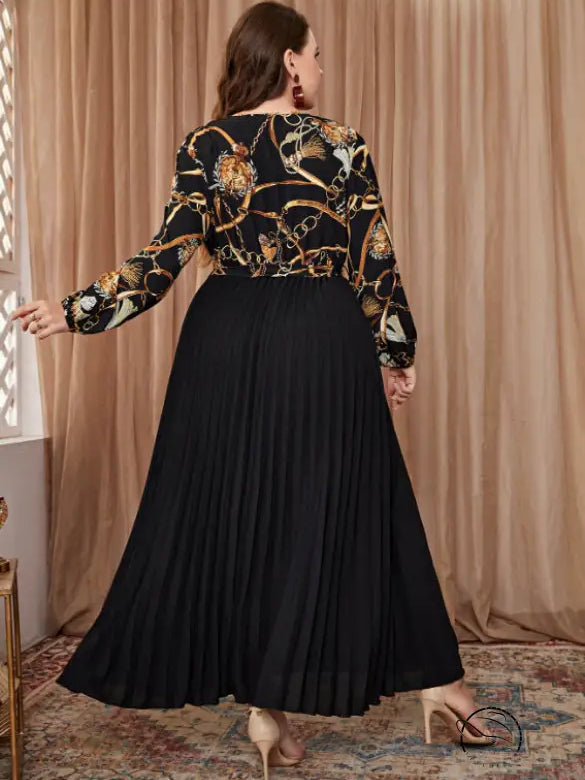 Black pleated maxi evening dress with chain print top