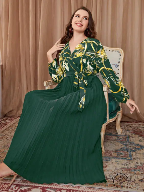 Green chain-print beautiful evening dress in elegant polyester A-line maxi style