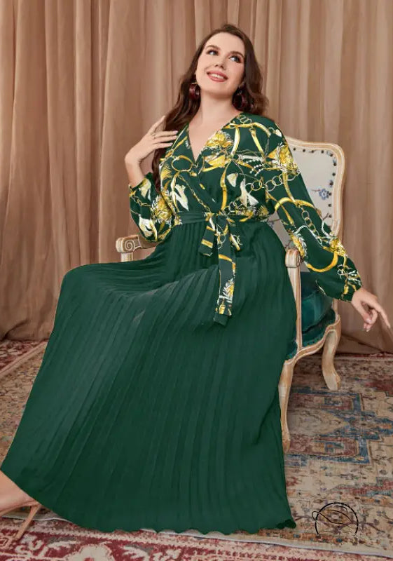 Green chain-print beautiful evening dress in elegant polyester A-line maxi style