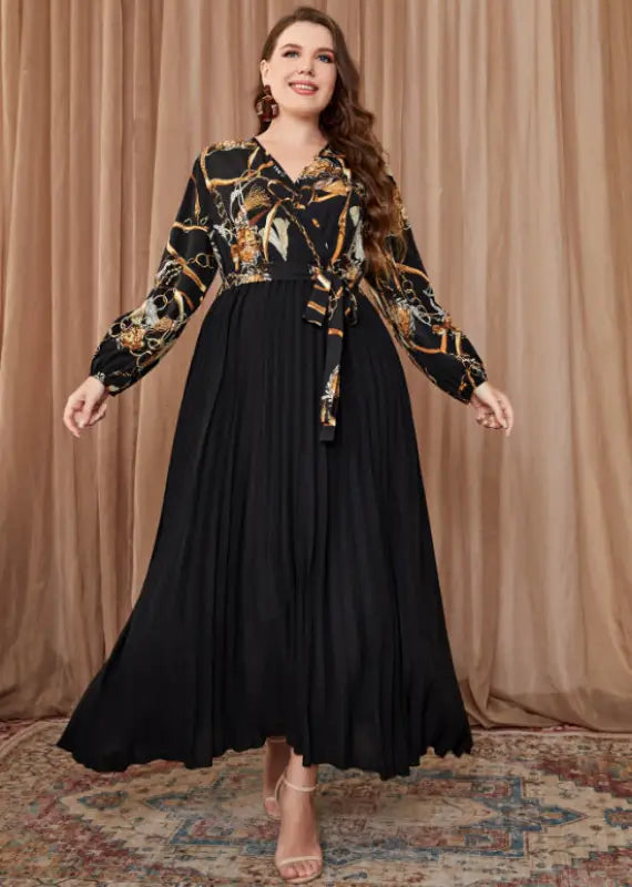 Plus-size long-sleeved A-Line maxi dress, a beautiful evening dress with pleated skirt
