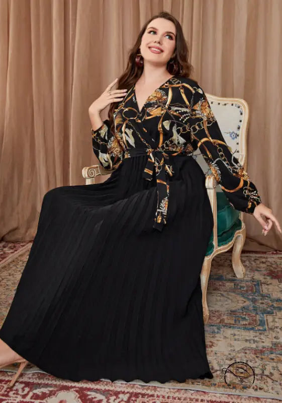 Elegant woman’s long-sleeved chain-patterned beautiful evening dress