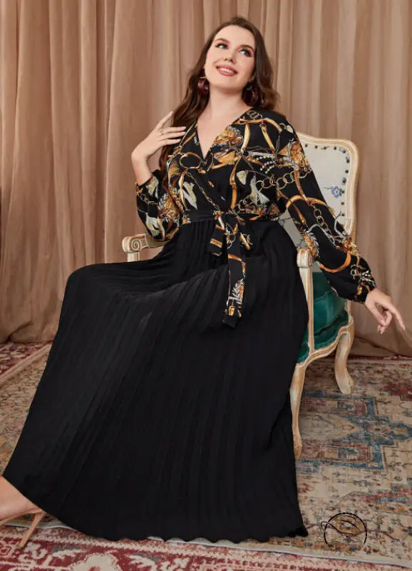 Elegant woman’s long-sleeved chain-patterned beautiful evening dress