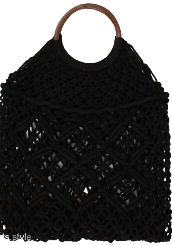 Beautiful handmade black crocheted pocket beach bag with camel brown wooden handle