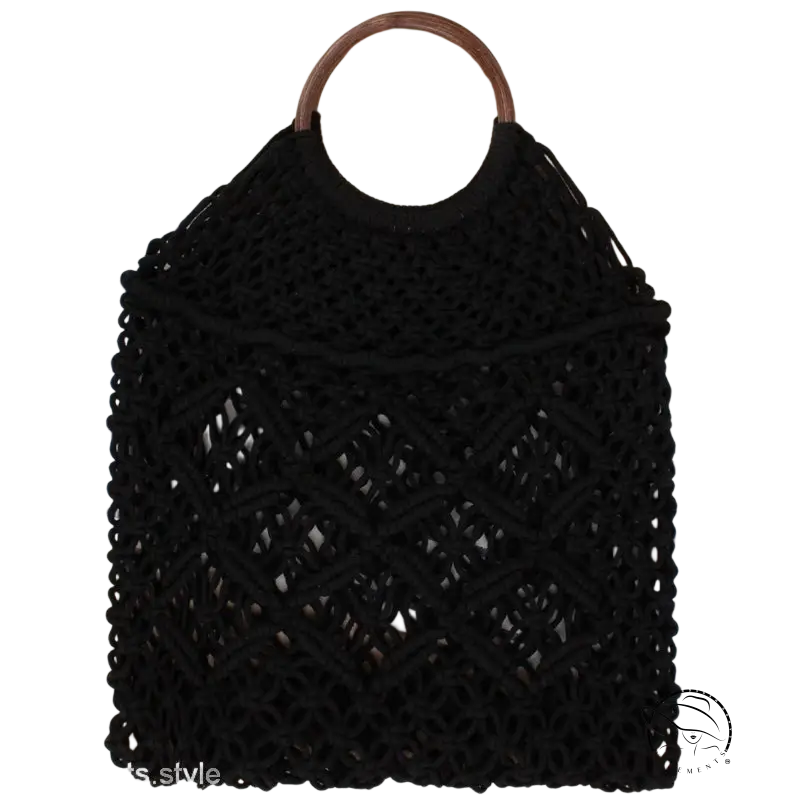 Beautiful handmade black crocheted pocket beach bag with camel brown wooden handle