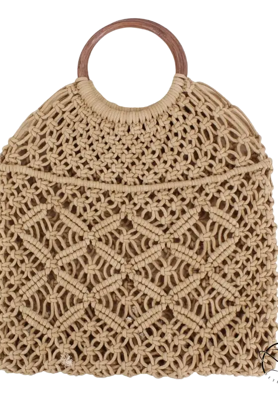 Beautiful handmade pocket beach bag with camel brown handle