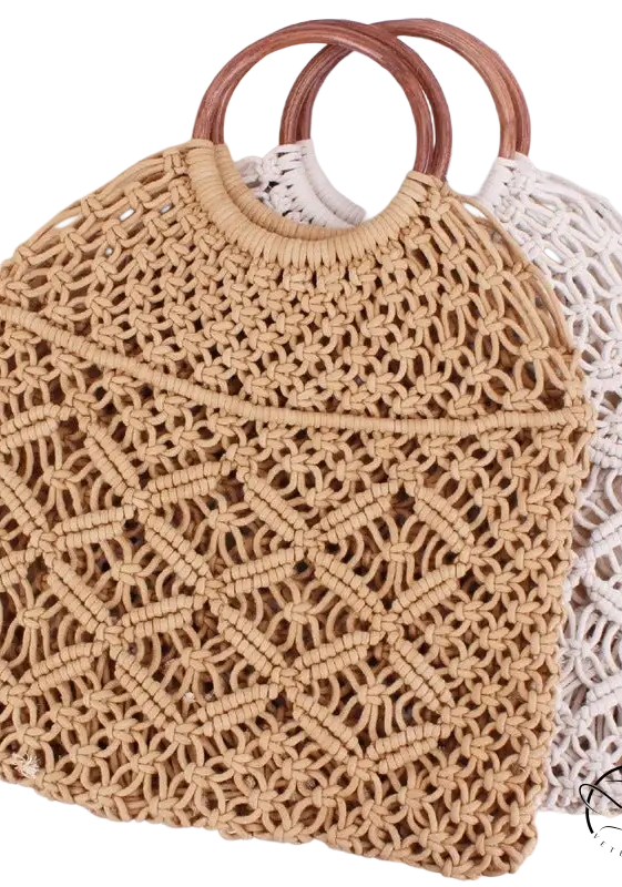 Beautiful handmade beige macrame tote bag with camel brown wooden handles