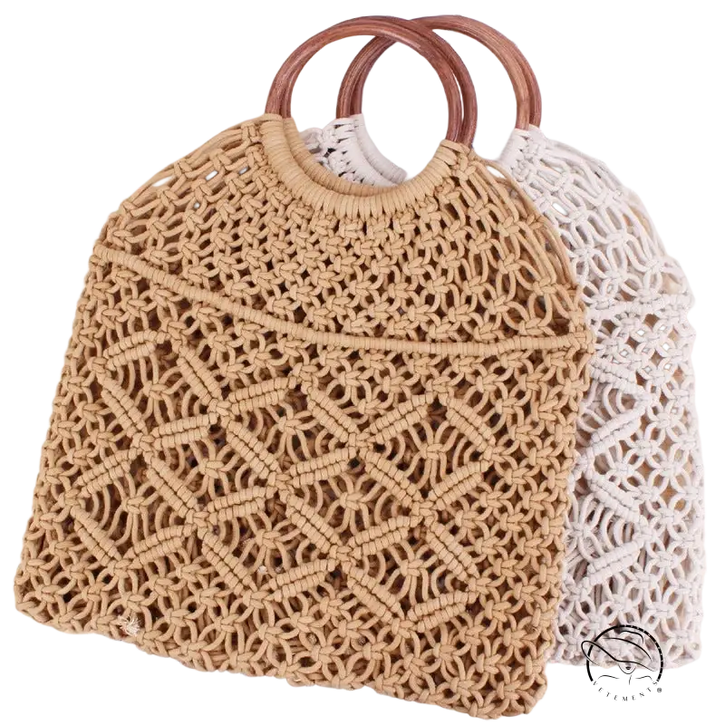 Beautiful handmade beige macrame tote bag with camel brown wooden handles