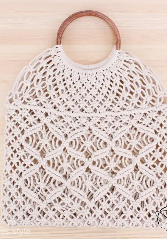 Beautiful handmade bag with camel brown handle and cream macrame