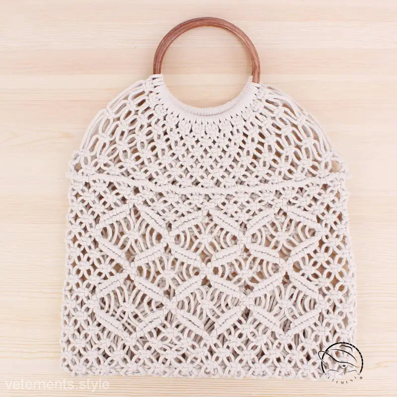 Beautiful handmade bag with camel brown handle and cream macrame
