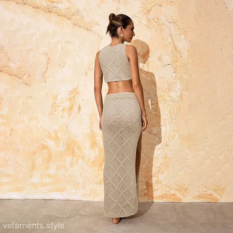 Beige suit: Sexy two piece knitted crop top and long skirt for summer vacations