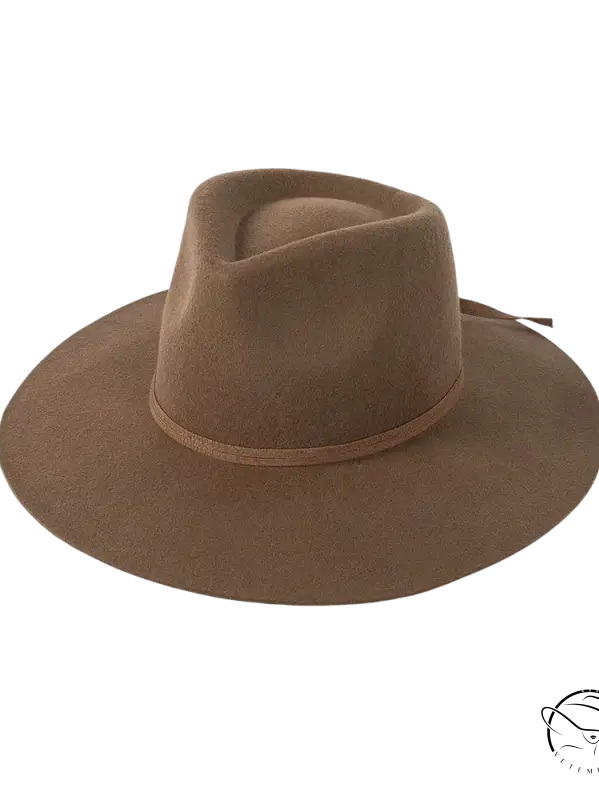 Beige wide-brim sun hat with brown fedora style and ribbon bow band