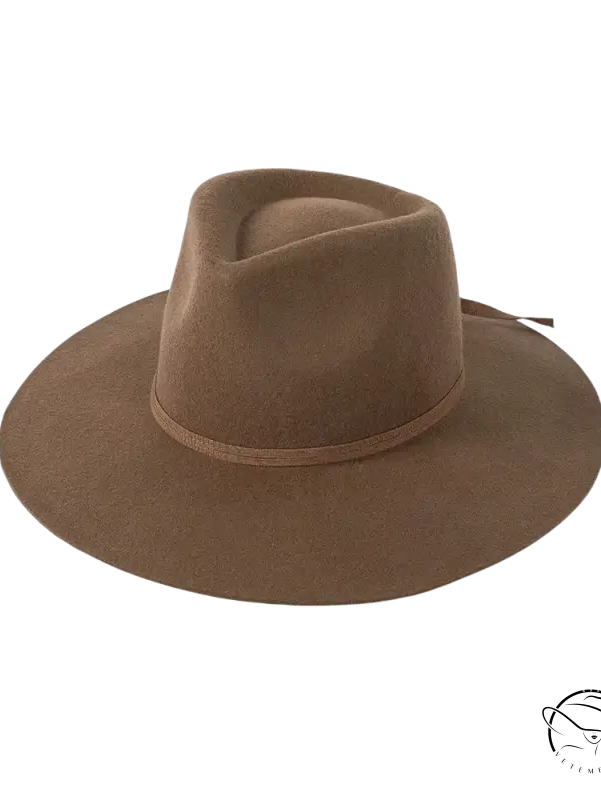Beige wide-brim sun hat with brown fedora style and ribbon bow band