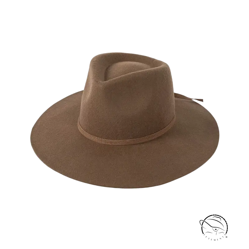 Beige wide-brim sun hat with brown fedora style and ribbon bow band