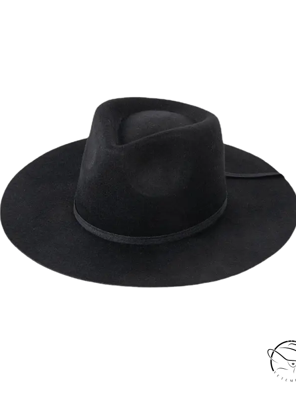 Black wide-brim sun hat with ribbon bow band and pinched crown