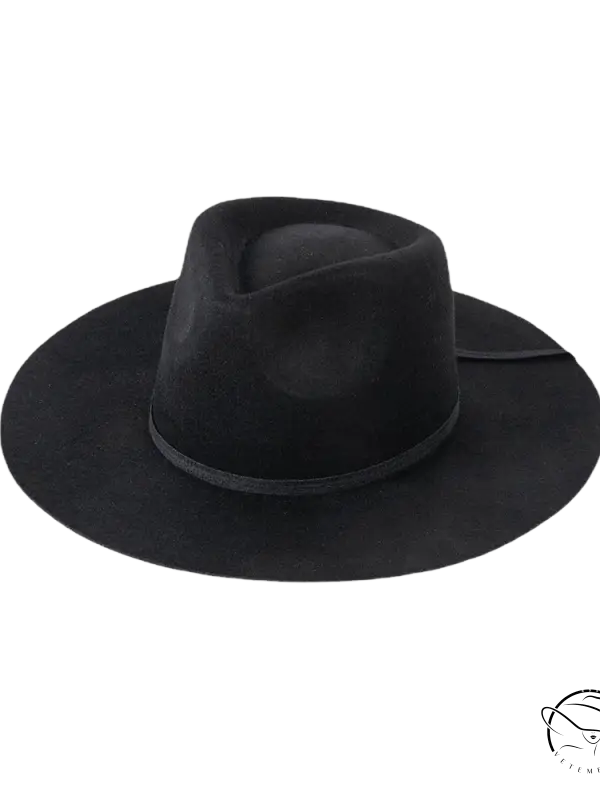 Black wide-brim sun hat with ribbon bow band and pinched crown