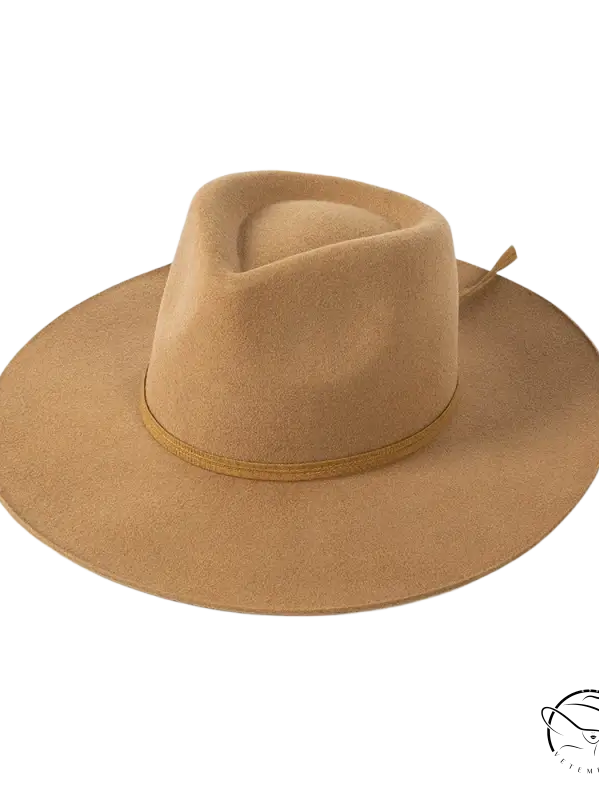 Tan wide-brim sun hat with elegant ribbon bow band