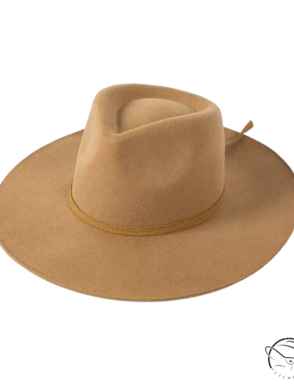 Tan wide-brim sun hat with elegant ribbon bow band