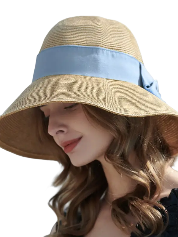 Beige wide-brim sun hat with khaki and orange decorative band