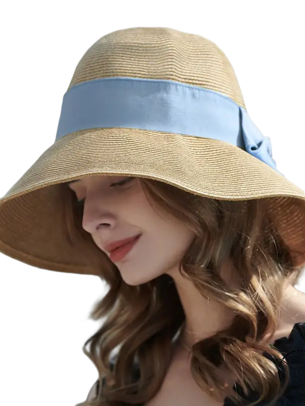 Beige wide-brim sun hat with khaki and orange decorative band