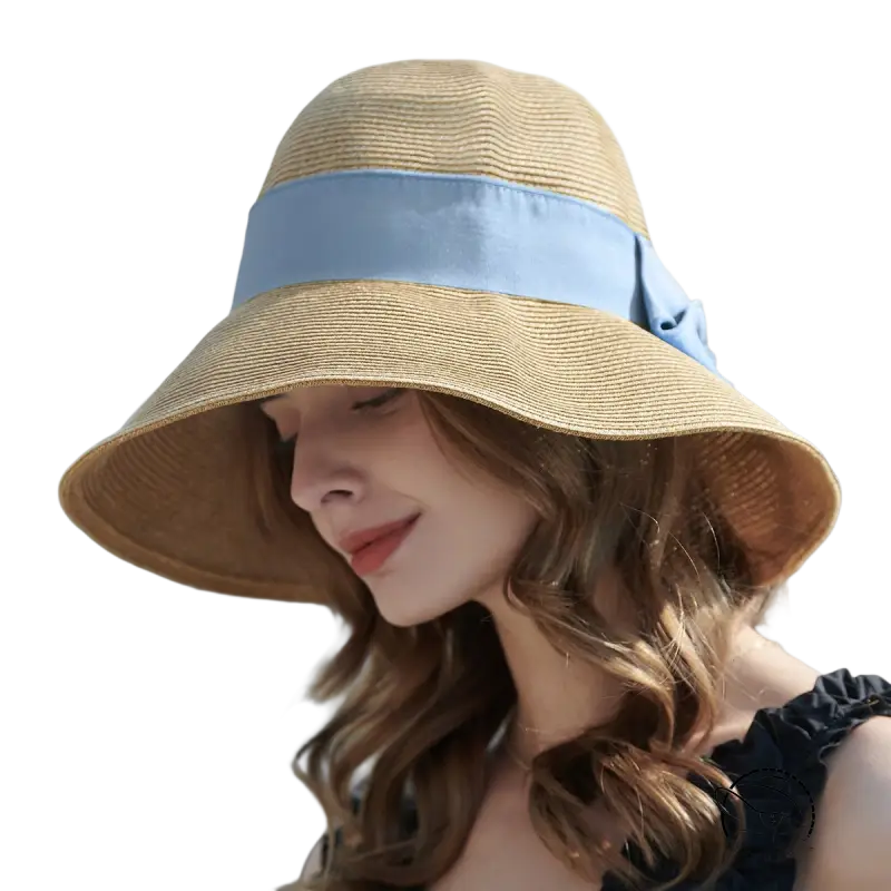 Beige wide-brim sun hat with khaki and orange decorative band