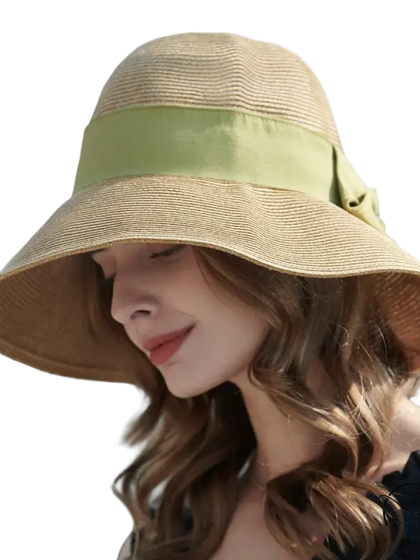 Beige wide-brim sun hat with khaki and orange decorative band