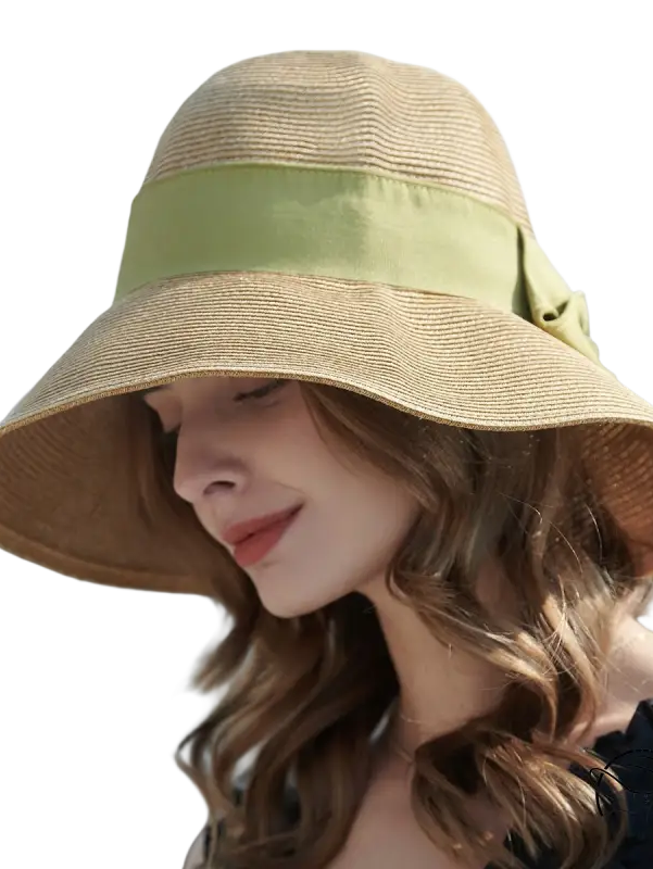 Beige wide-brim sun hat with khaki and orange decorative band
