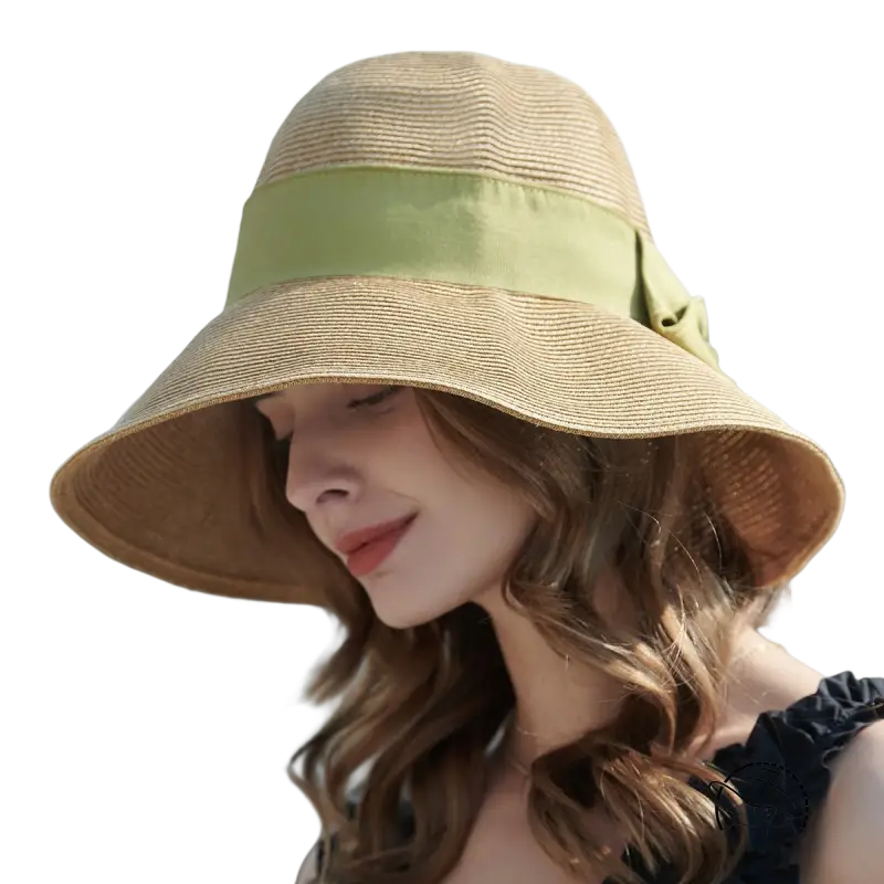 Beige wide-brim sun hat with khaki and orange decorative band