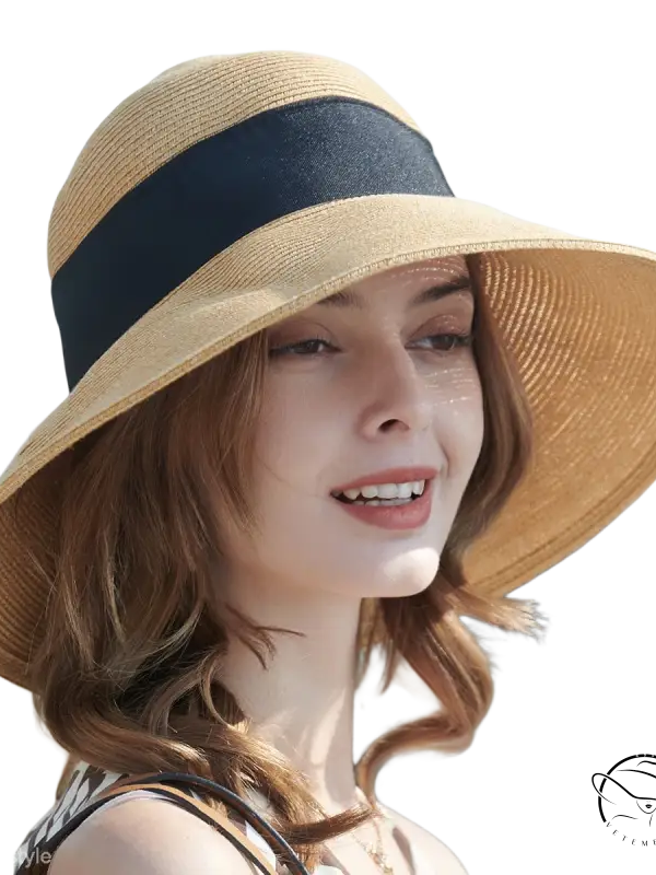 Beige wide-brim sun hat with khaki and orange decorative band