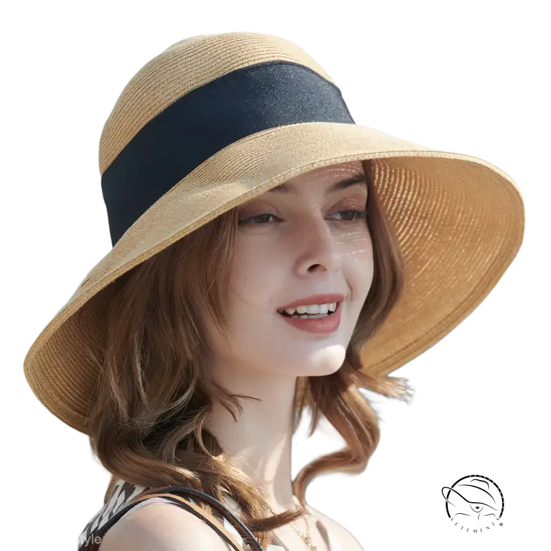 Beige wide-brim sun hat with khaki and orange decorative band