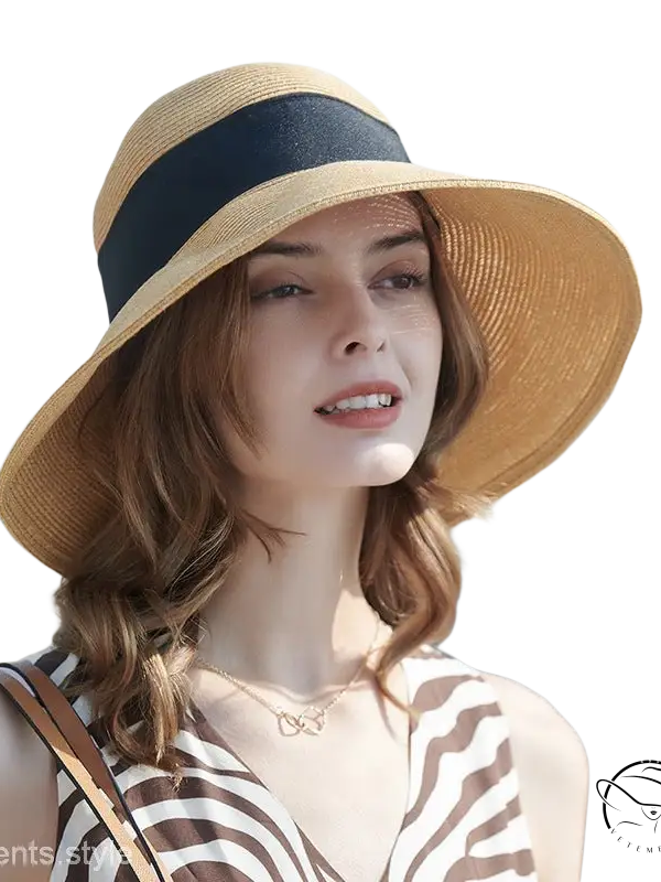 Beige wide-brim sun hat with khaki and orange decorative band