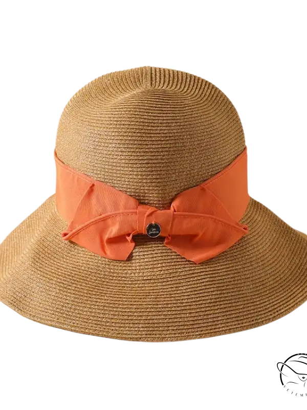Beige wide-brim sun hat with khaki and orange decorative band