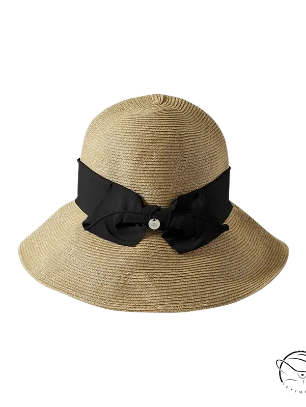 Beige wide-brim sun hat with khaki and orange decorative band