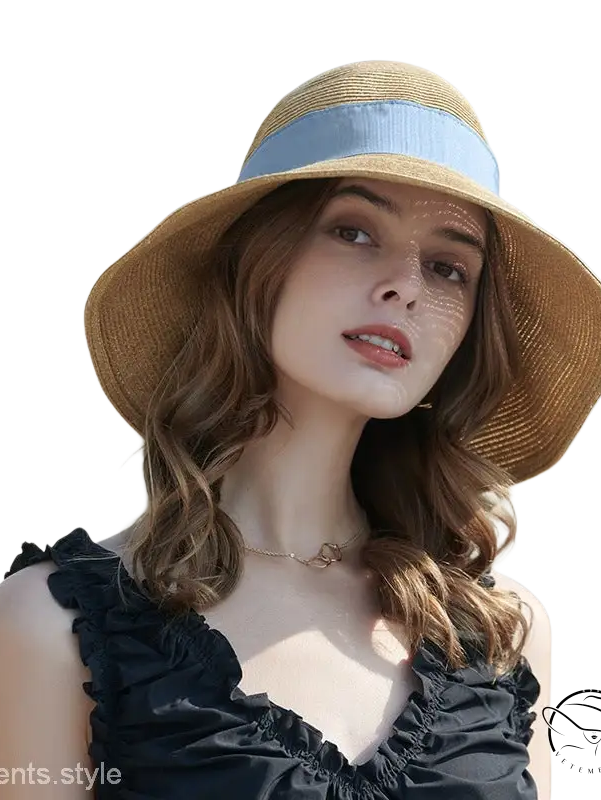 Beige wide-brim sun hat with khaki and orange decorative band