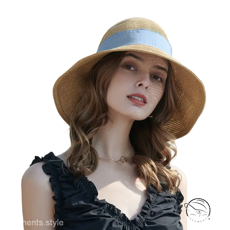 Beige wide-brim sun hat with khaki and orange decorative band