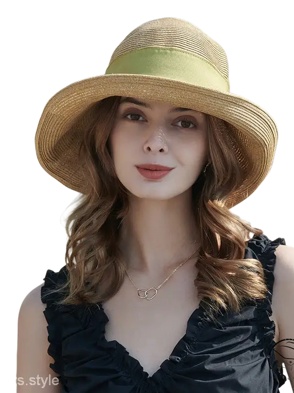 Beige wide-brim sun hat with khaki and orange decorative band