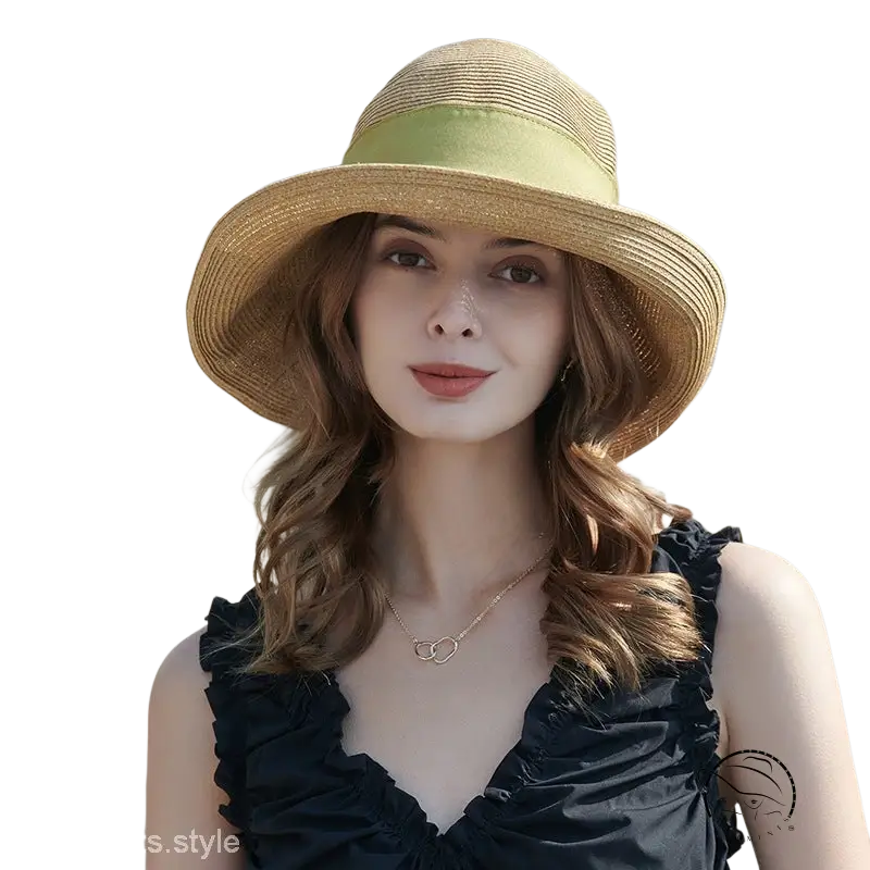 Beige wide-brim sun hat with khaki and orange decorative band