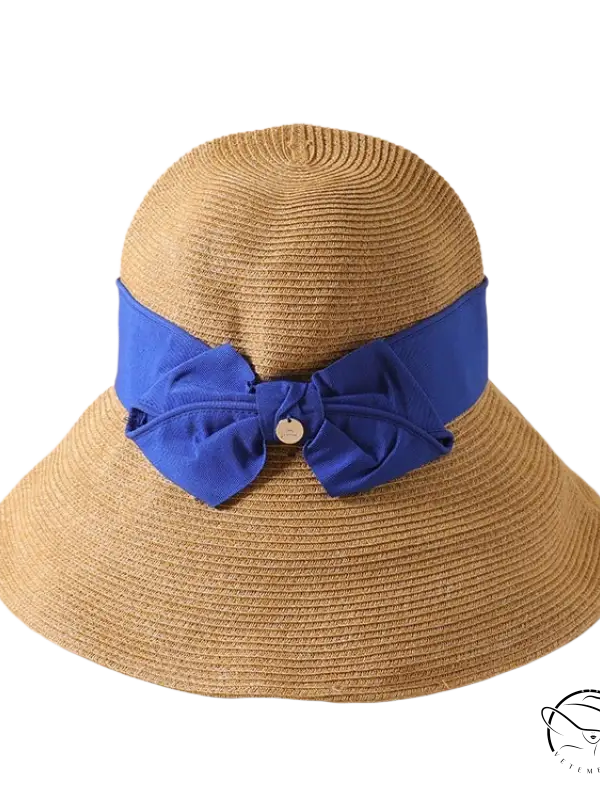 Beige wide-brim sun hat with khaki decorative band and orange accents