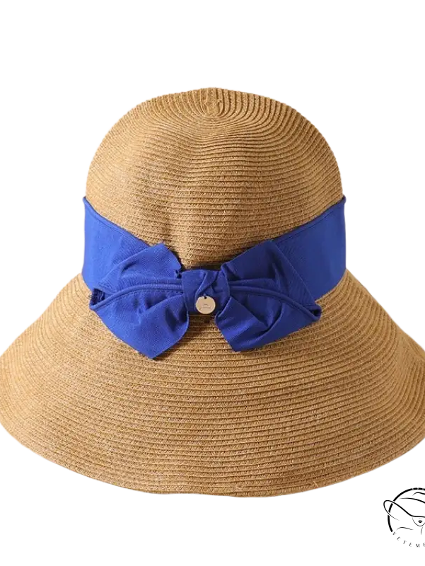 Beige wide-brim sun hat with khaki decorative band and orange accents