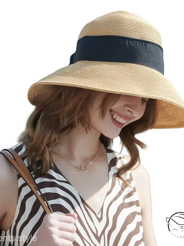 Beige wide-brim sun hat with khaki and orange decorative band