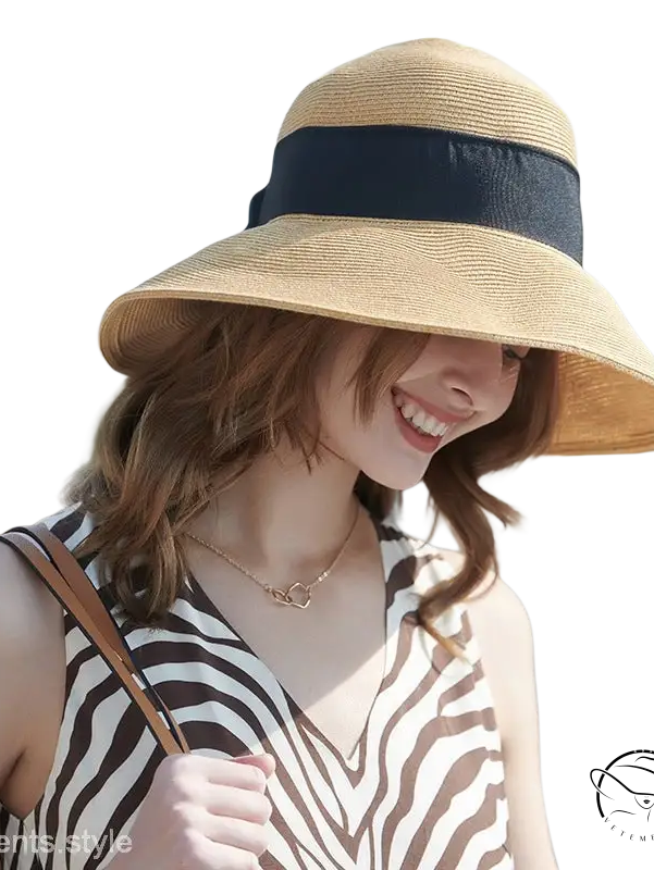 Beige wide-brim sun hat with khaki and orange decorative band