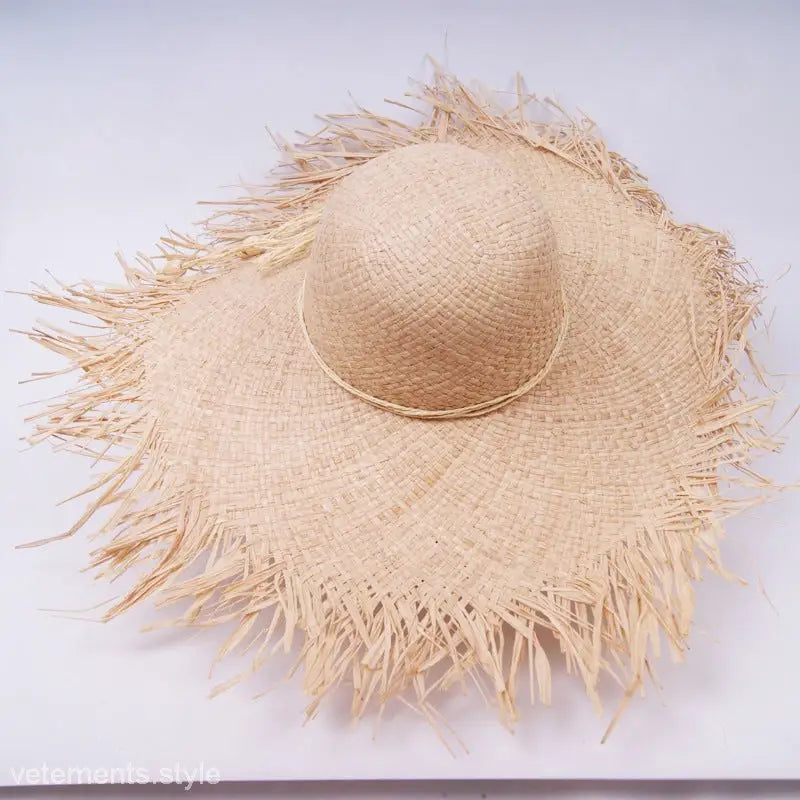 Frayed straw Wide-Brim Sun Hat with Ribbon Band and Decoration Rose Red for summer style