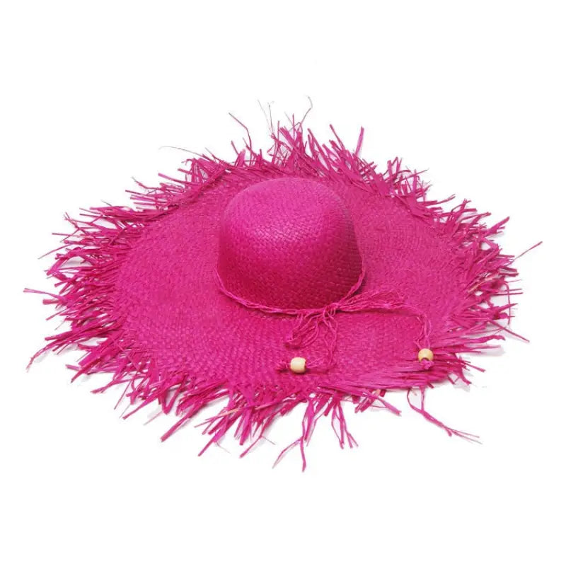Hot pink straw sun hat with frayed edges for the Beige Wide-Brim Sun Hat, decoration rose red