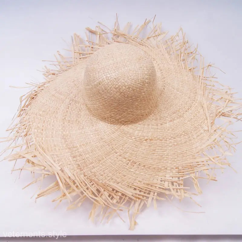 Beige Wide-Brim Sun Hat with Decoration Rose Red and Frayed Edges for Sun Protection