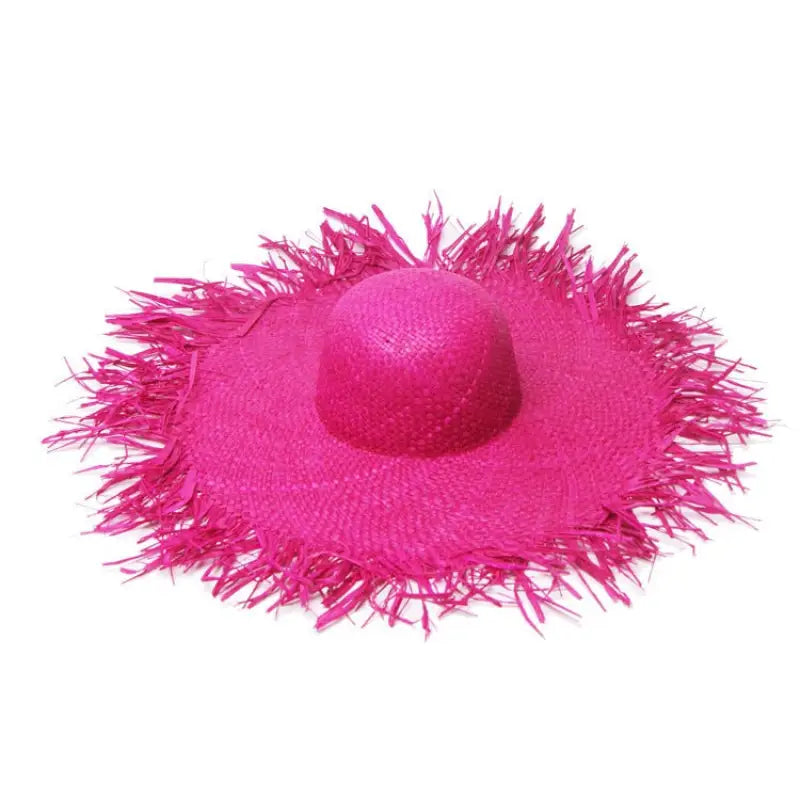 Hot pink straw sun hat with frayed edges, ideal for summer, complements Beige Wide-Brim Sun Hat