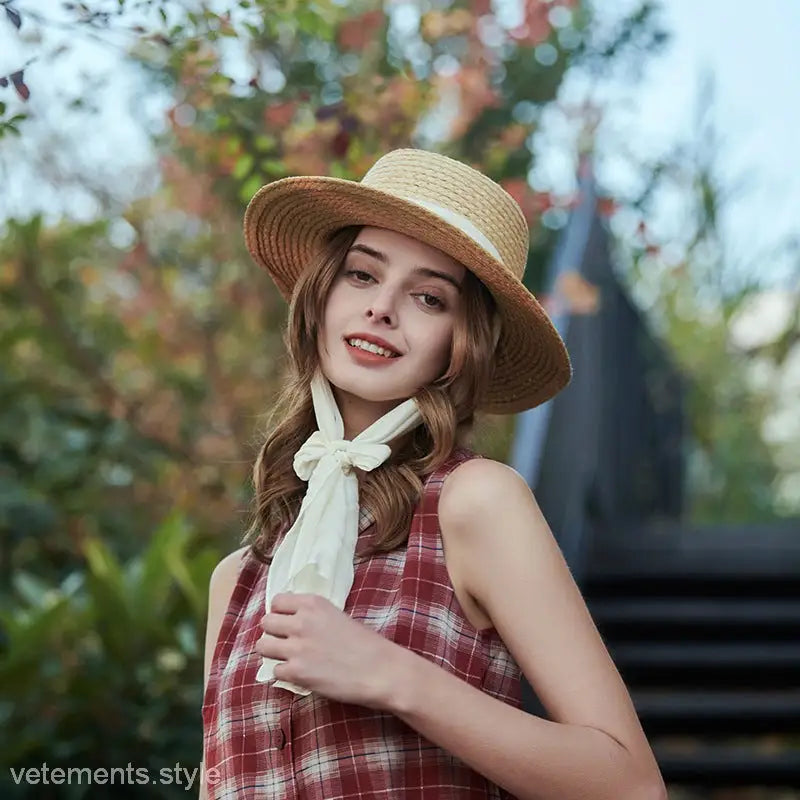 Beige wide-brim sun hat with neck scarf and ribbon band for ultimate sun protection