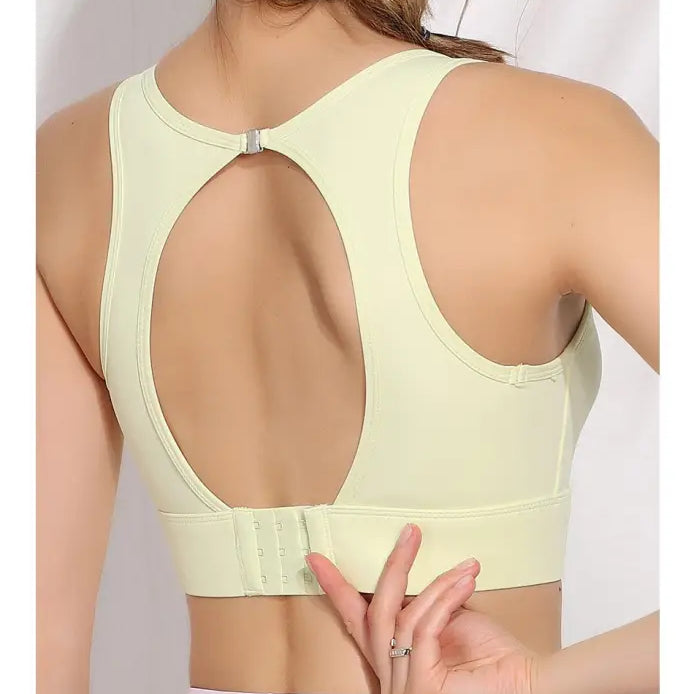 Light yellow bella workout bra with backless design, Haze Blue sporty cutout back