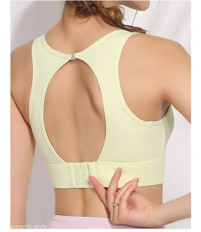 Light yellow bella workout bra with backless design, Haze Blue sporty cutout back