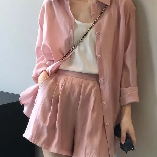 Pink linen belted long sleeve sun protection shirt set with breathable shorts and purse