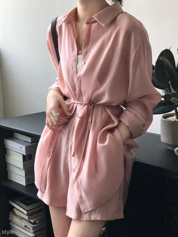 Pink oversized button-down sun protection shirt with waist tie